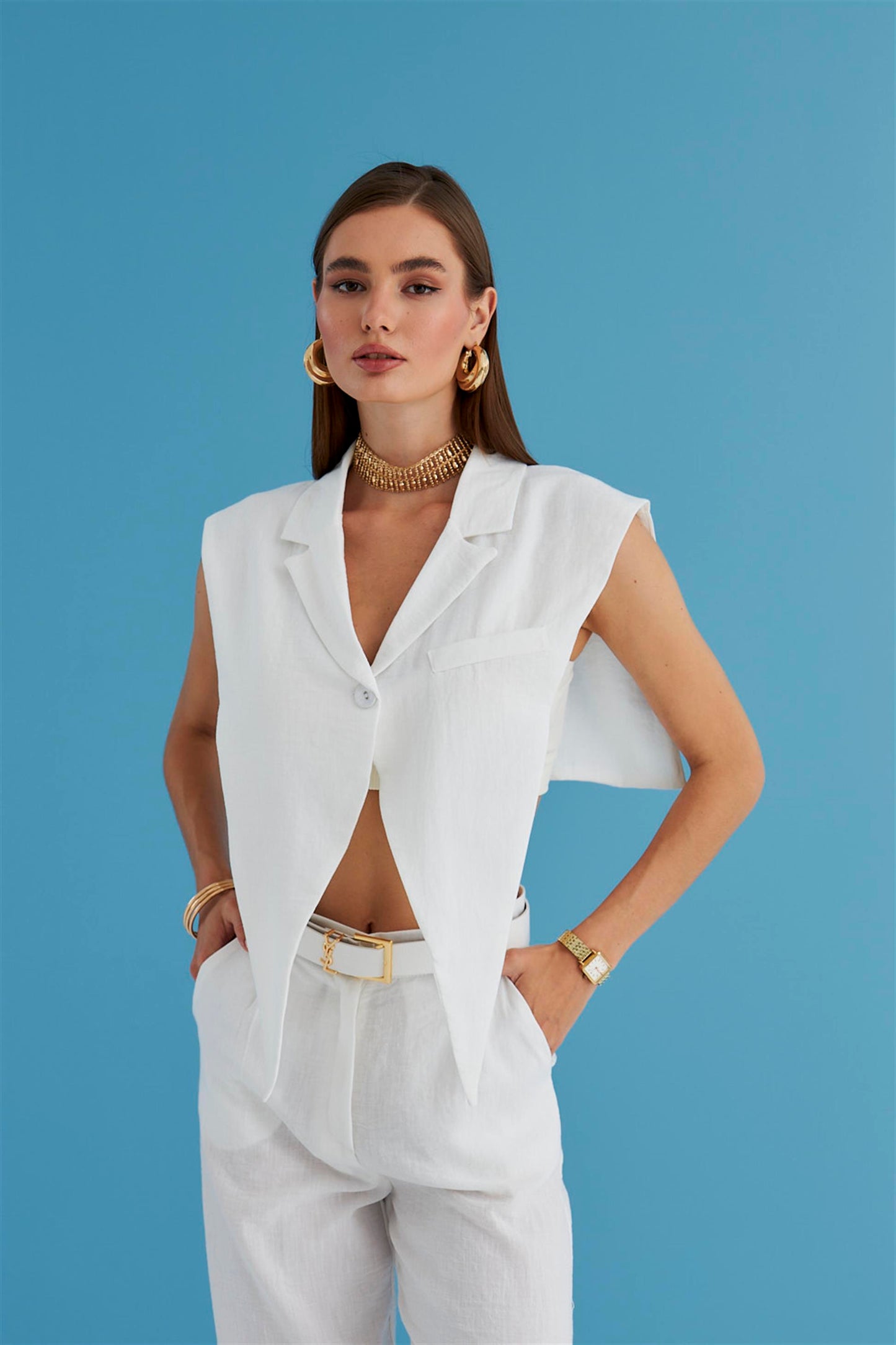 CHALECO MUJER LINO DISEÑO MEZCLA-BLANCO