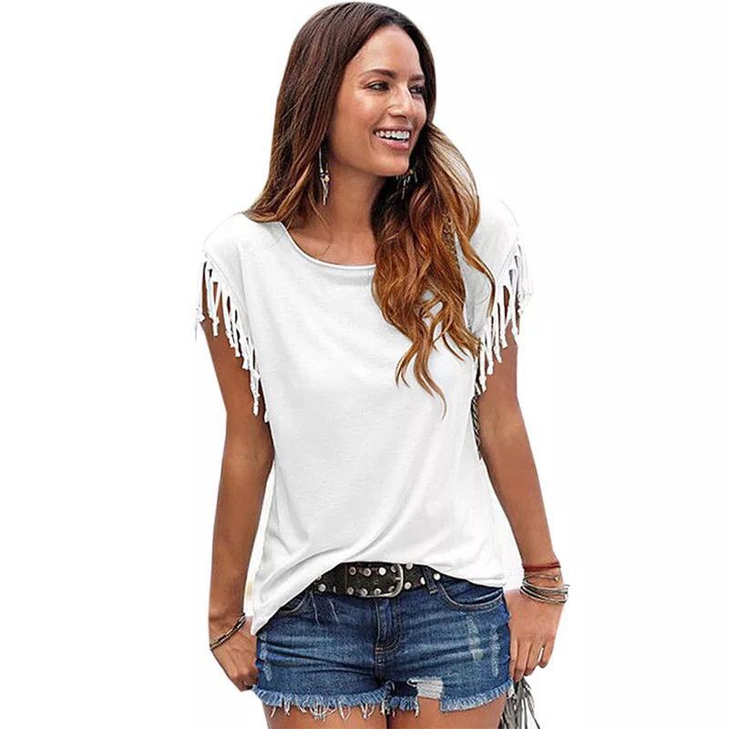 CAMISETA DE VISCOSA REDONDA CON BORLAS EN LAS MANGAS-BLANCA
