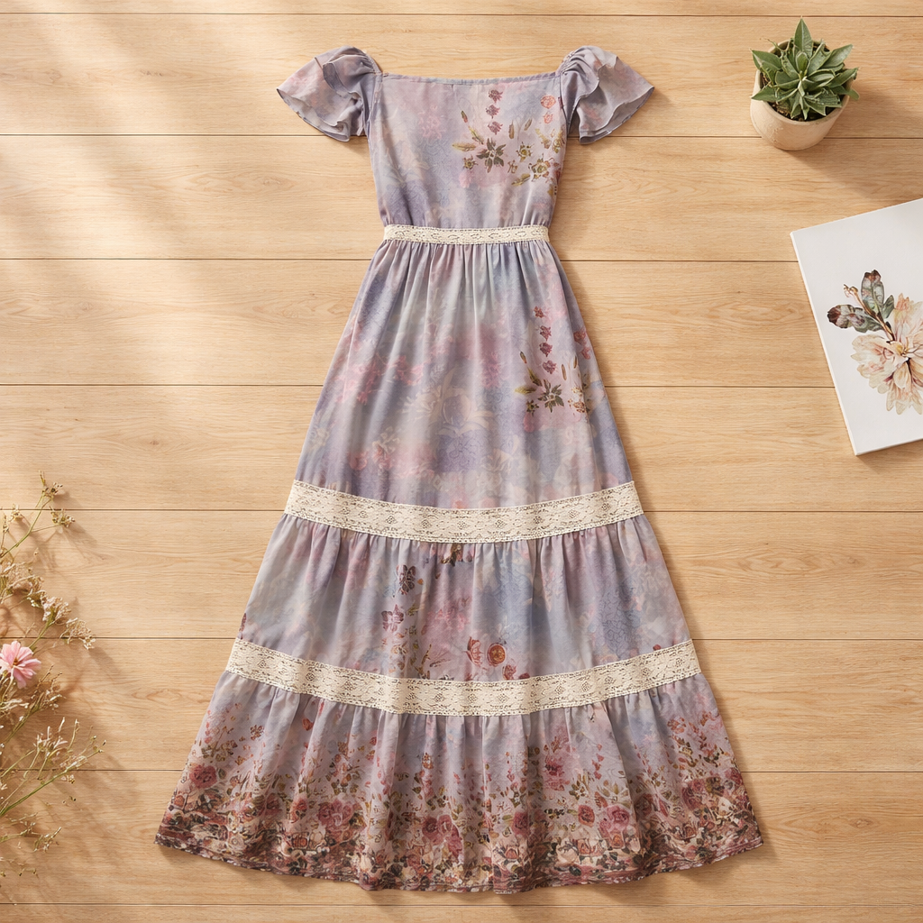 VESTIDO LARGO ESTAMPADO CON DETALLES DE ENCAJE