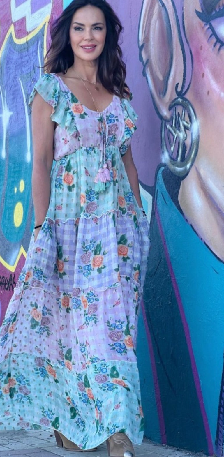 VESTIDO LARGO LAZO Y VICHY GOLDEN