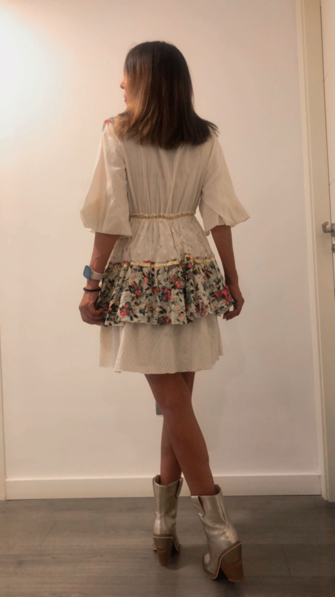 VESTIDO CORTO RALLAS GOLDEN CON ESTAMPADO Y BORDADO A MANO 100% COTTON VERDE