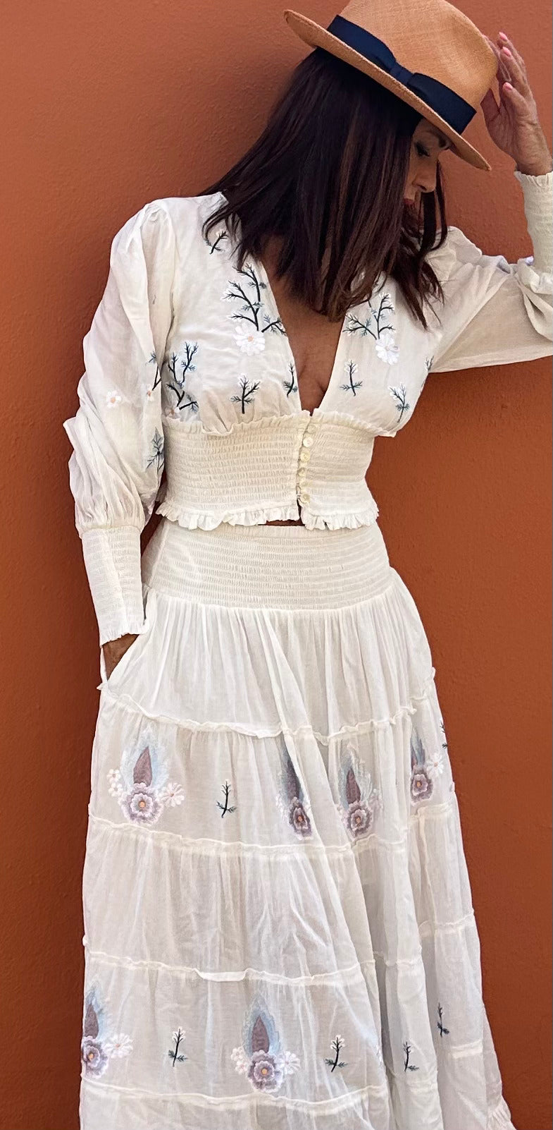 CONJUNTO TOP Y FALDA BORDADO ROMATICO AZUL COTTON 100%