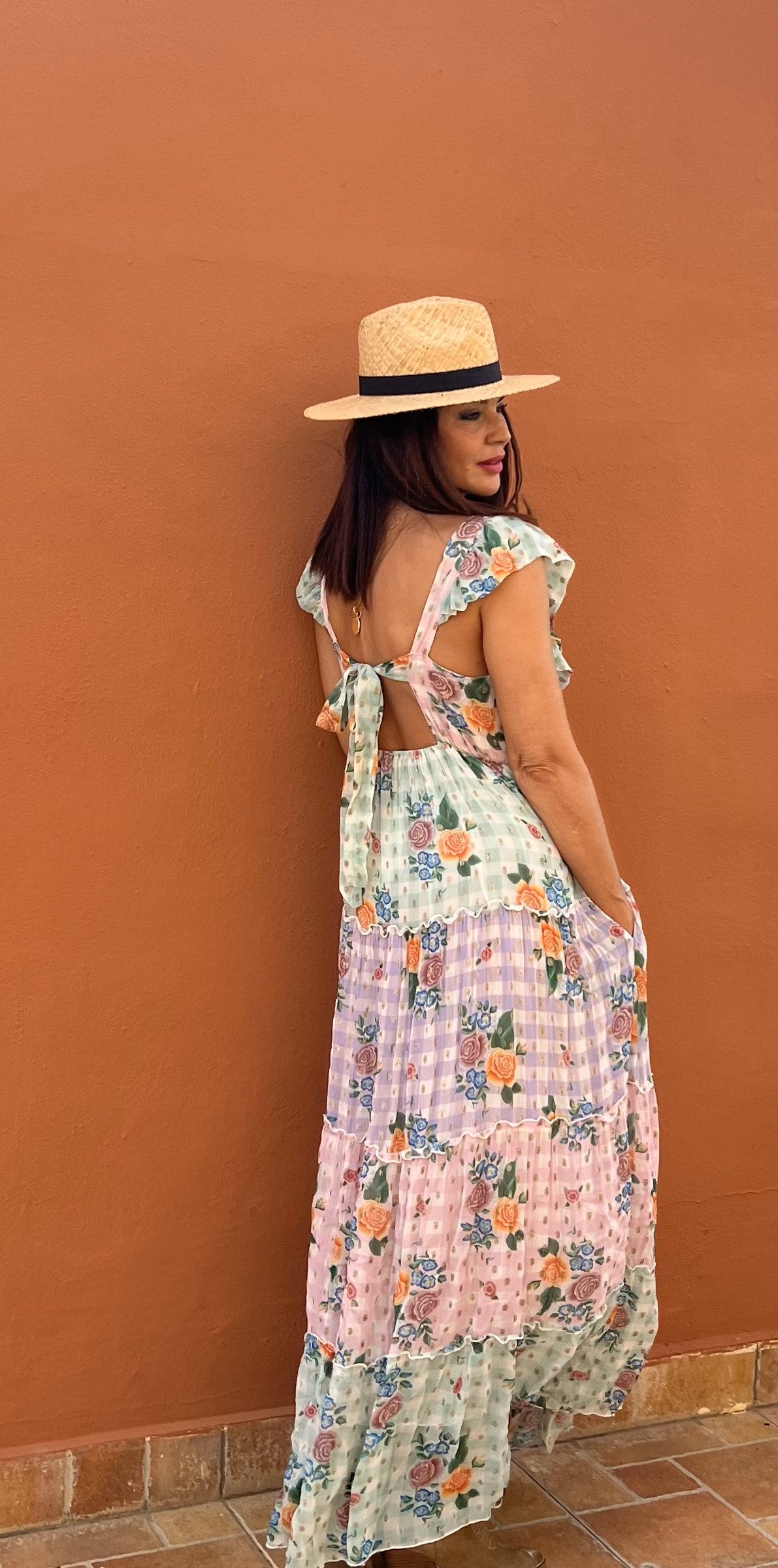 VESTIDO LARGO LAZO Y VICHY GOLDEN