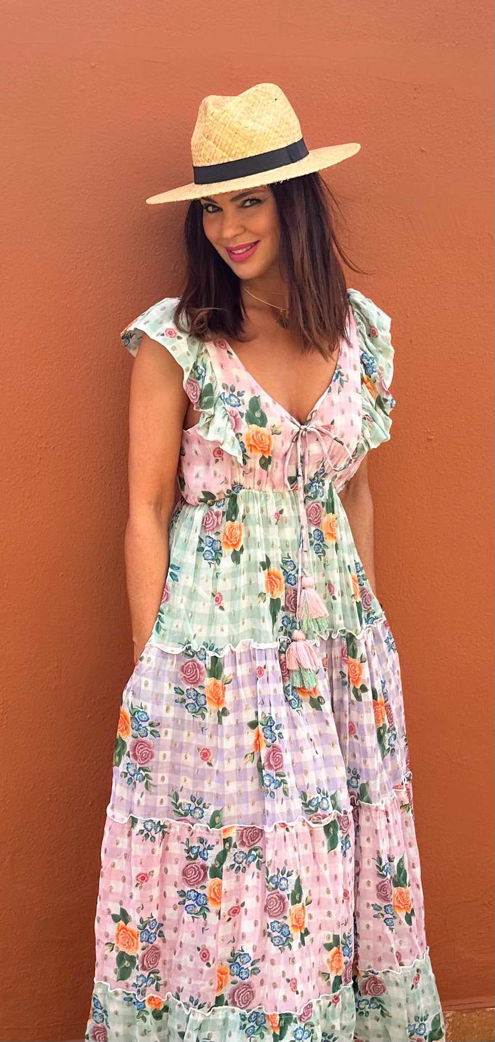 VESTIDO LARGO LAZO Y VICHY GOLDEN