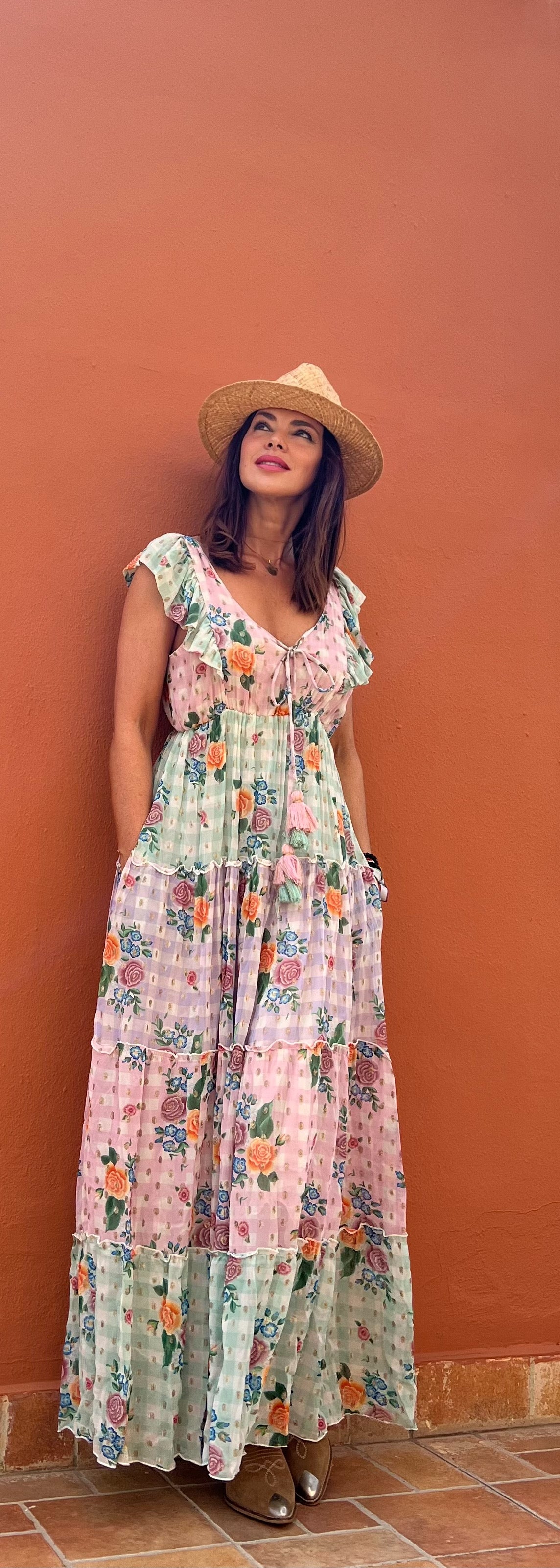VESTIDO LARGO LAZO Y VICHY GOLDEN