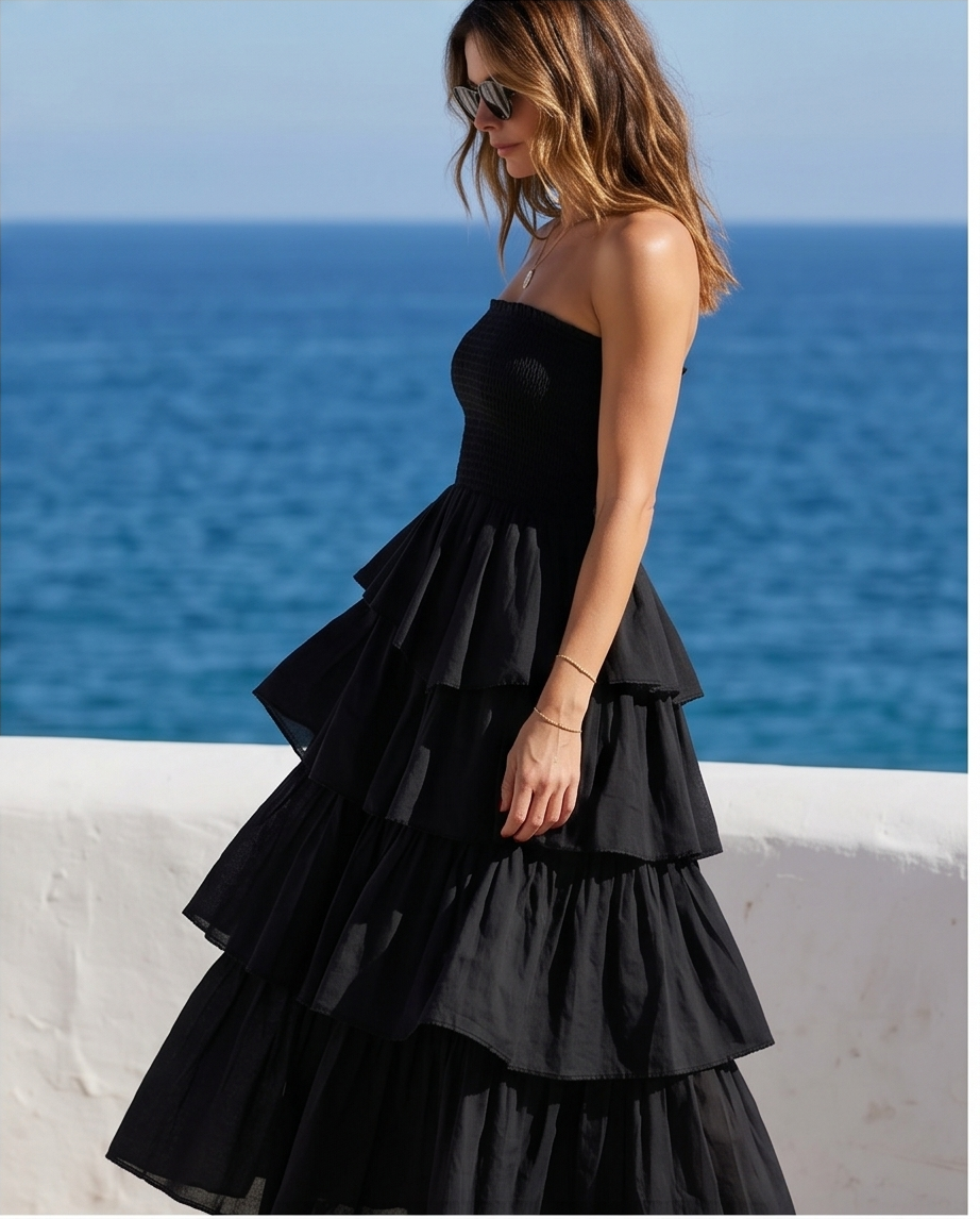 VESTIDO LARGO BOHO DE CAPAS CON ESCOTE PALABRA DE HONOR – NEGRO