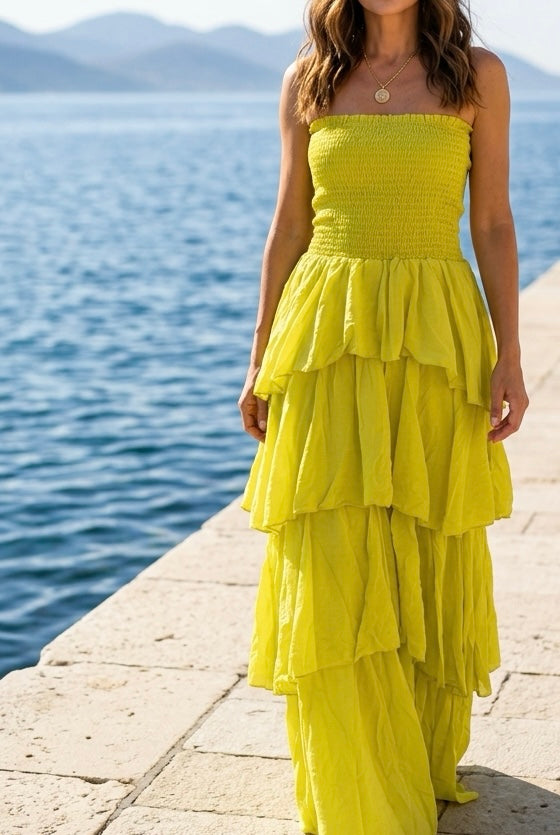 VESTIDO LARGO BOHO DE CAPAS CON ESCOTE PALABRA DE HONOR – LIMA