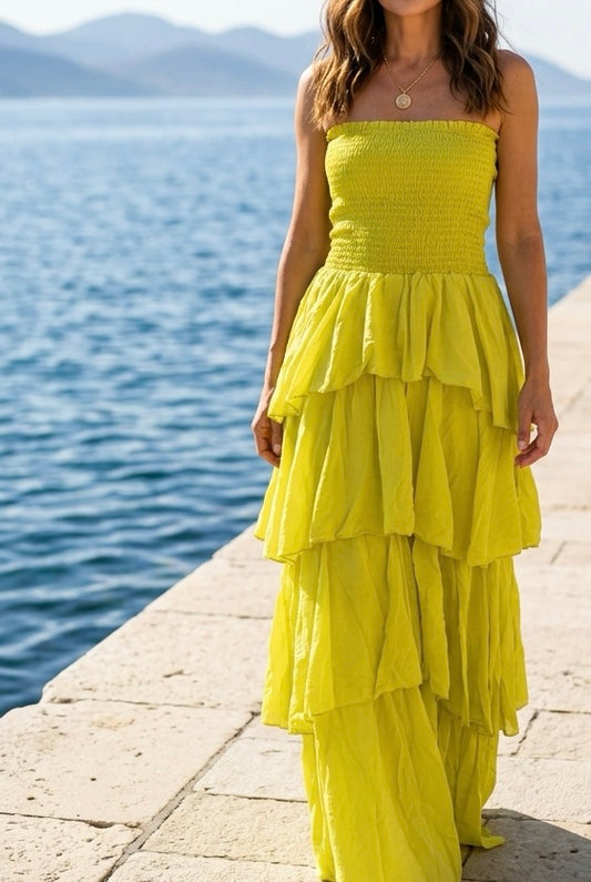 VESTIDO LARGO BOHO DE CAPAS CON ESCOTE PALABRA DE HONOR – LIMA