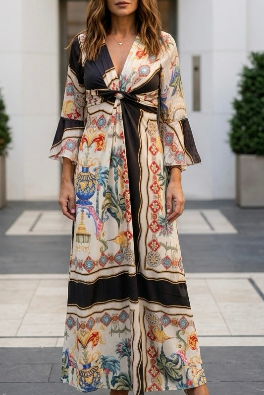 VESTIDO LARGO BOHO ESTAMPADO CON ESCOTE EN V Y MANGA FLUIDA