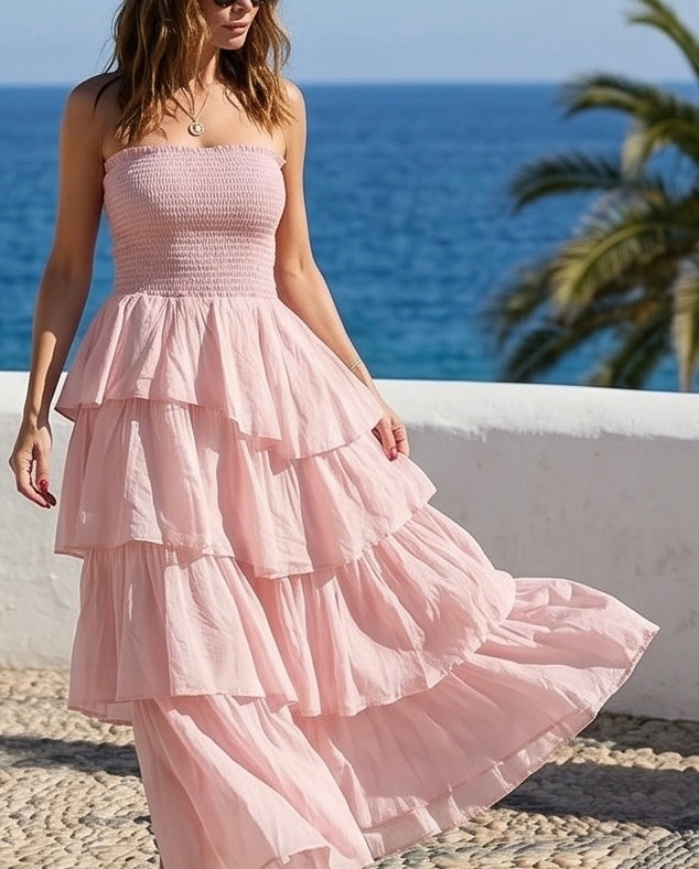VESTIDO LARGO BOHO DE CAPAS CON ESCOTE PALABRA DE HONOR – ROSA PASTEL