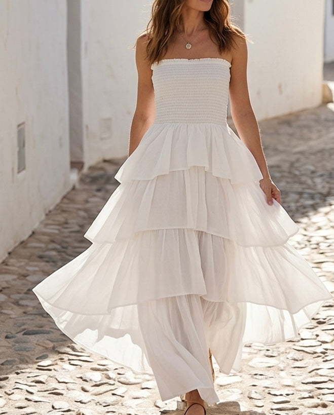 VESTIDO LARGO BOHO DE CAPAS CON ESCOTE PALABRA DE HONOR – BLANCO ￼