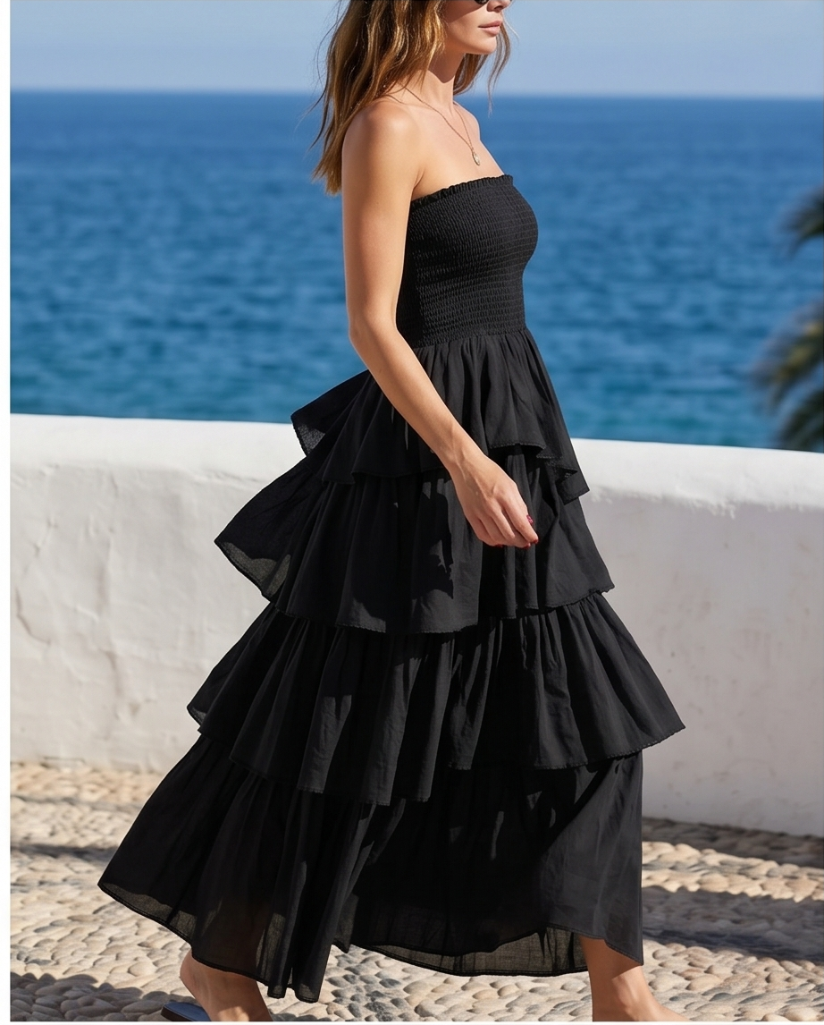 VESTIDO LARGO BOHO DE CAPAS CON ESCOTE PALABRA DE HONOR – NEGRO
