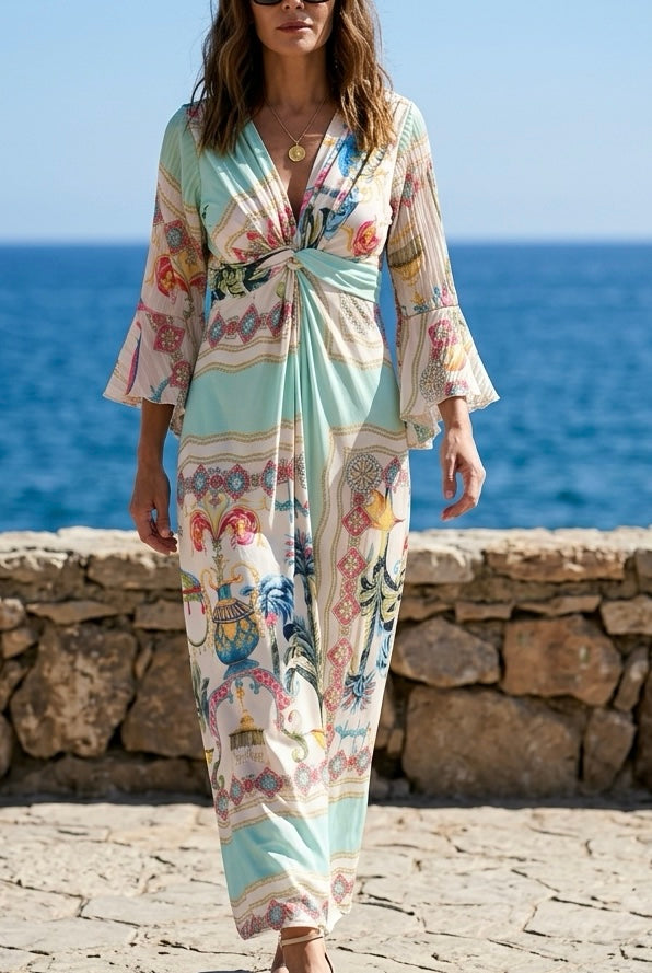 VESTIDO LARGO BOHO ESTAMPADO CON ESCOTE EN V Y MANGA FLUIDA