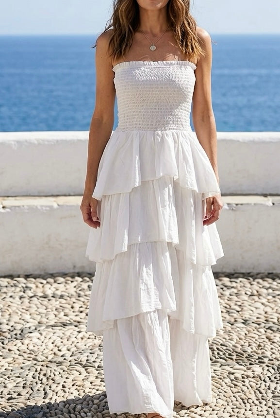 VESTIDO LARGO BOHO DE CAPAS CON ESCOTE PALABRA DE HONOR – BLANCO ￼
