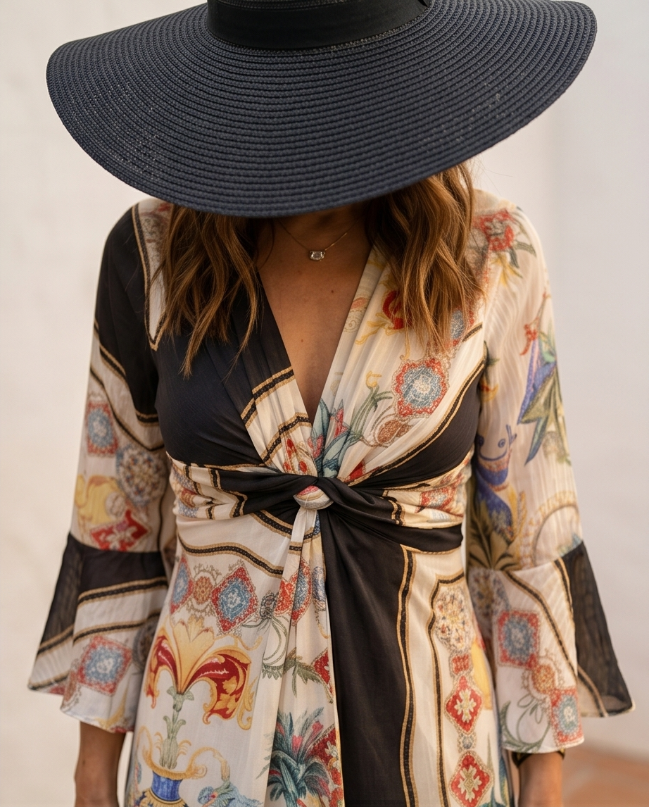 VESTIDO LARGO BOHO ESTAMPADO CON ESCOTE EN V Y MANGA FLUIDA