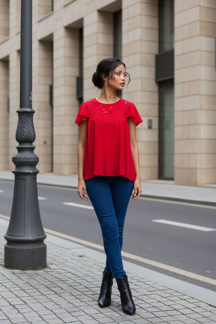 CAMISA ROJA CON PLIEGUES Y DETALLES CALADOS