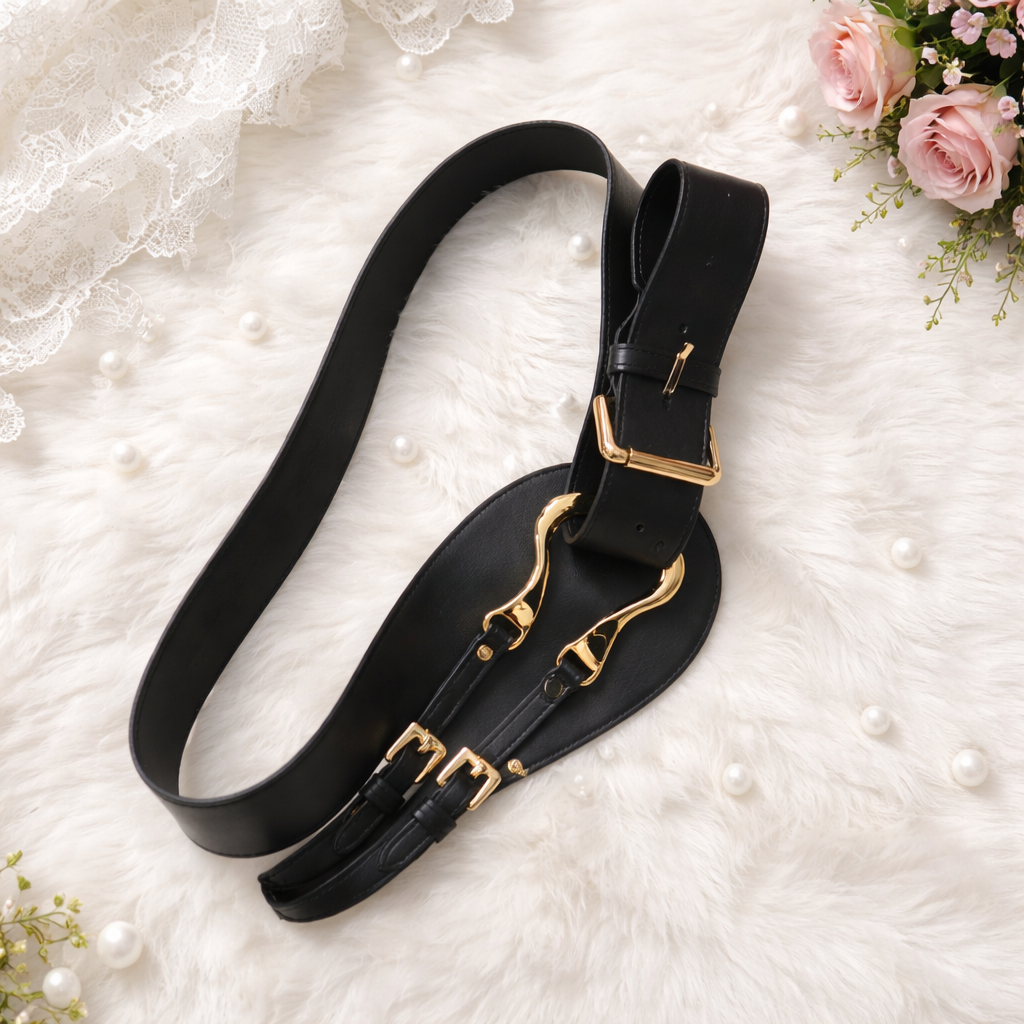 CINTURÓN DE CUERO NEGRO CON HEBILLA DORADA DECORATIVA