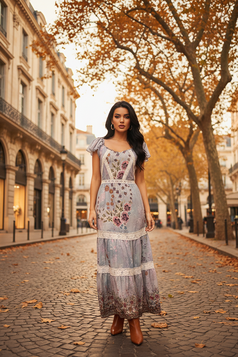 VESTIDO LARGO ESTAMPADO CON DETALLES DE ENCAJE