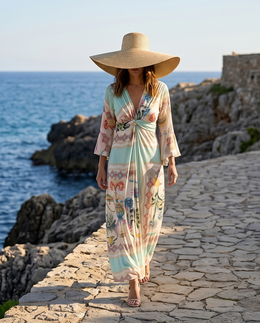 VESTIDO LARGO BOHO ESTAMPADO CON ESCOTE EN V Y MANGA FLUIDA