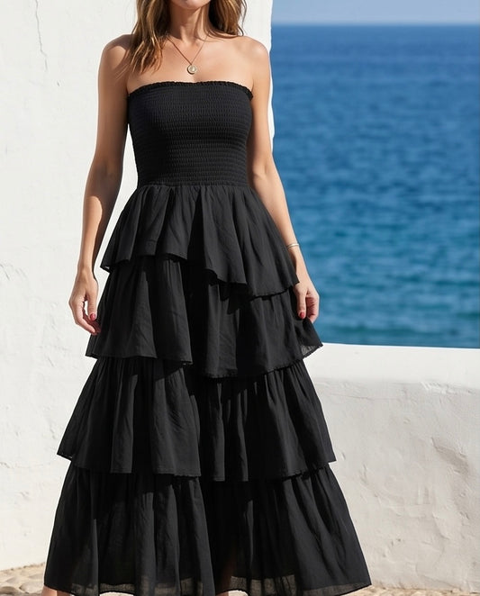 VESTIDO LARGO BOHO DE CAPAS CON ESCOTE PALABRA DE HONOR – NEGRO