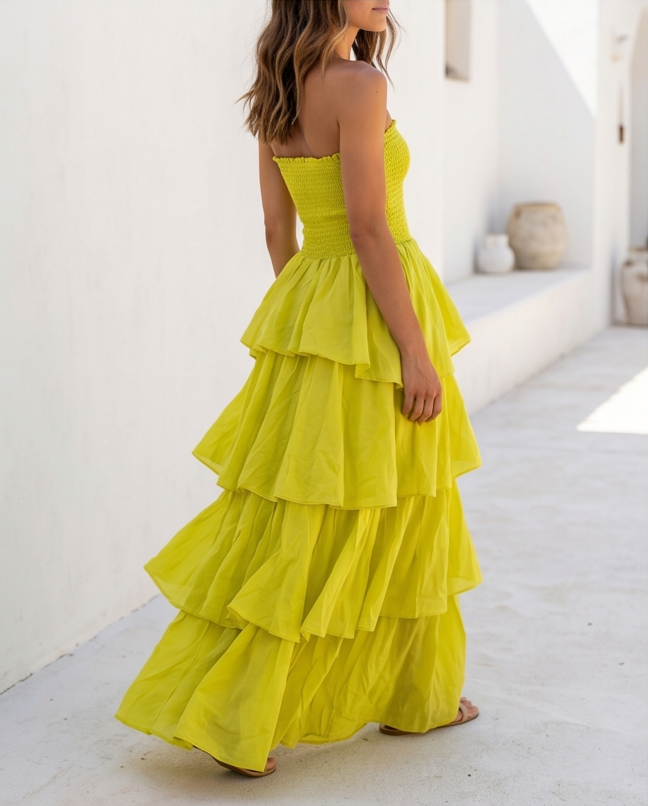 VESTIDO LARGO BOHO DE CAPAS CON ESCOTE PALABRA DE HONOR – LIMA