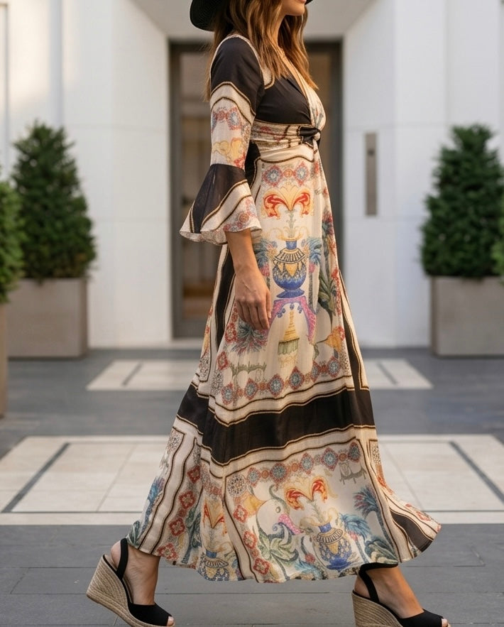 VESTIDO LARGO BOHO ESTAMPADO CON ESCOTE EN V Y MANGA FLUIDA