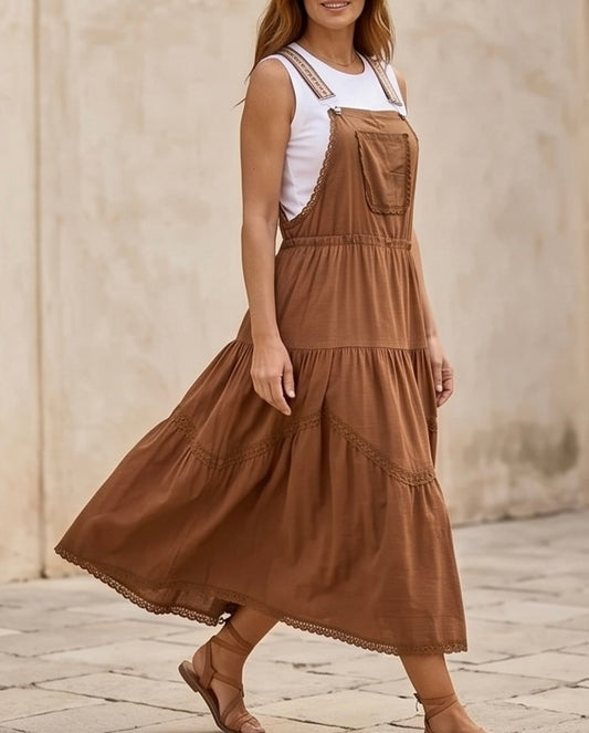 VESTIDO MIDI BOHO TIPO PETO CON DETALLES DE ENCAJE – ARENA