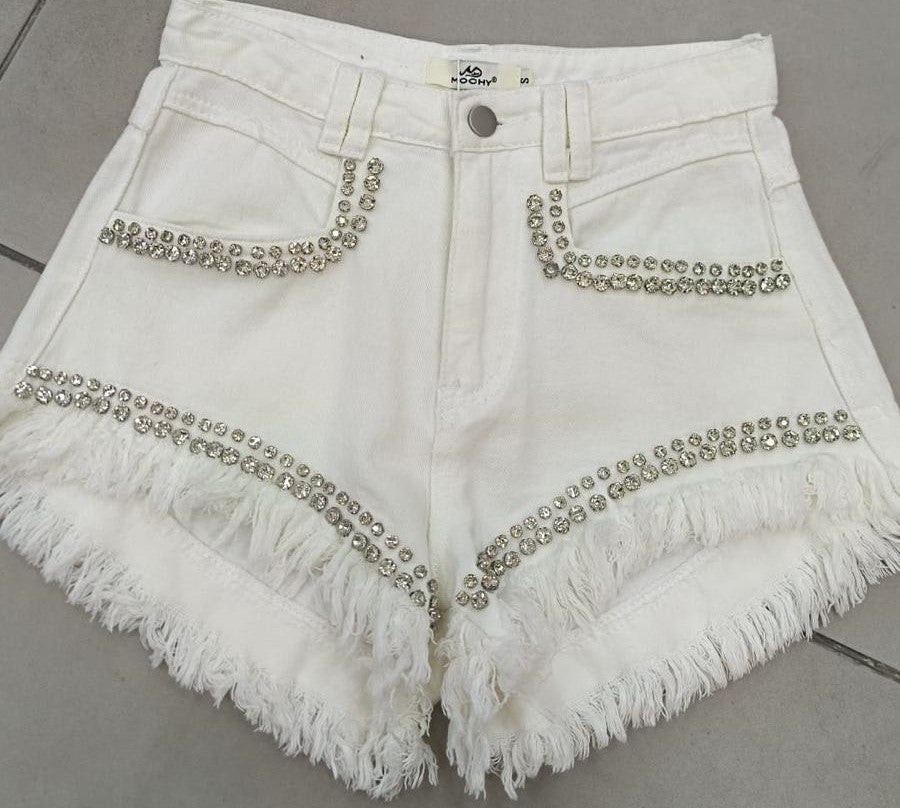 SHORTS VAQUEROS FLECOS Y PEDRERÍA BLANCOS