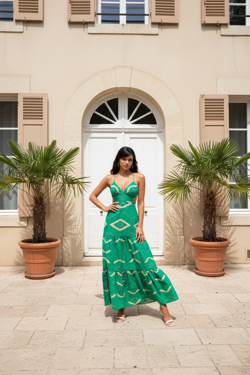 VESTIDO LARGO CON BORDADOS DORADOS