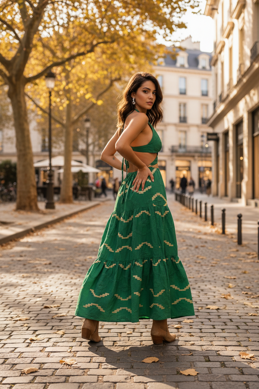 VESTIDO LARGO CON BORDADOS DORADOS