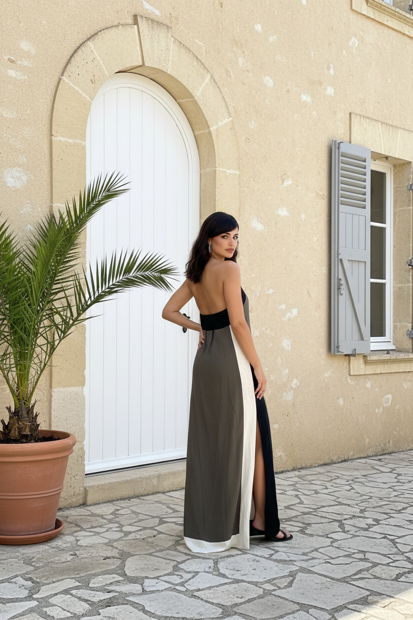 VESTIDO LARGO TRICOLOR ESPALDA AL AIRE