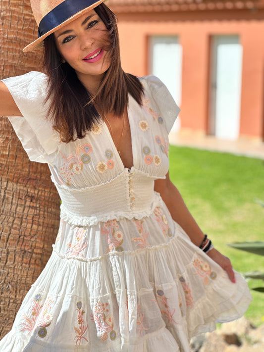 VESTIDO CORTO BORDADO ROMANTICO ROSA COTTON 100%